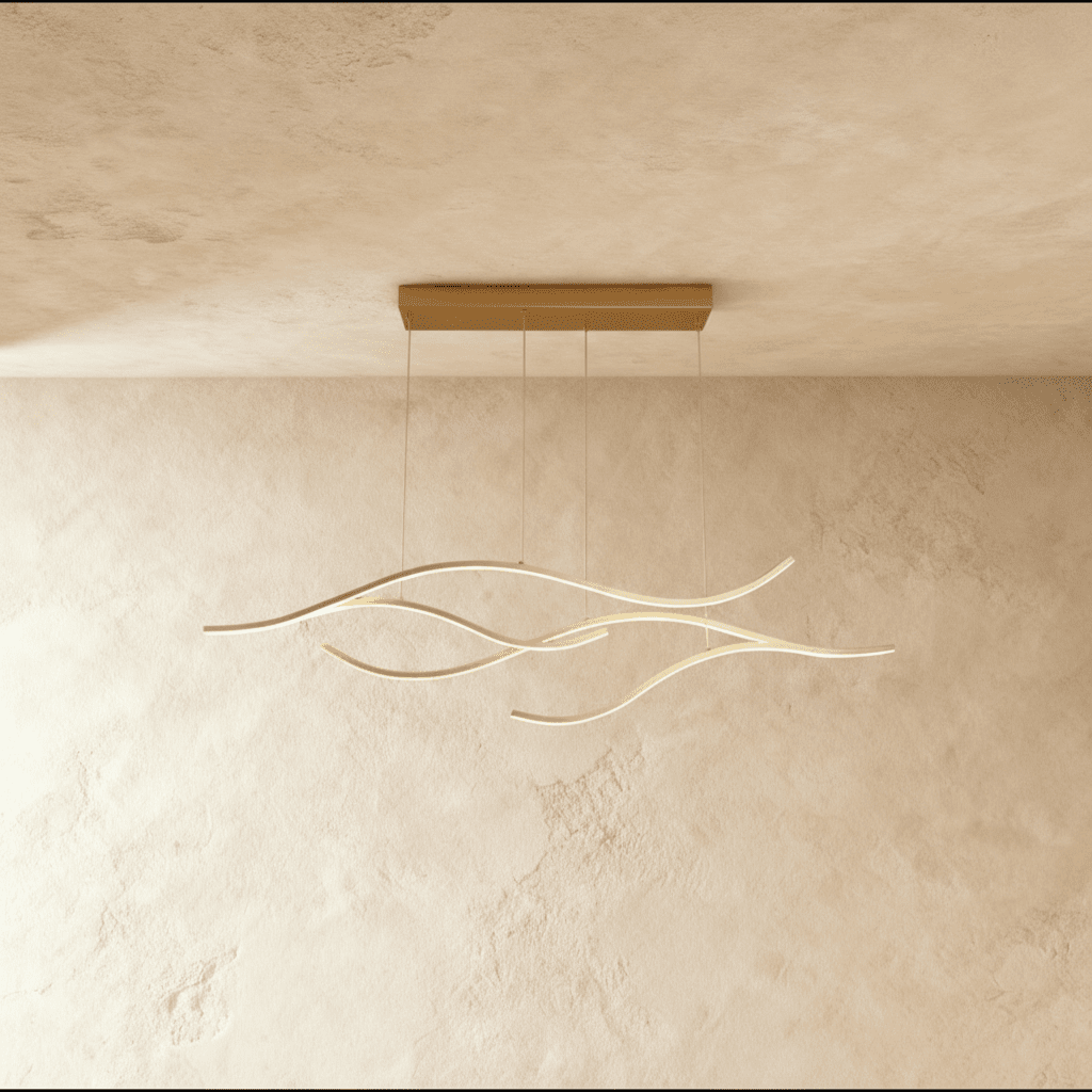 Clérachic gold wave-shaped LED pendant with four slim aluminium arcs hanging from a gold canopy on a limewash wall.