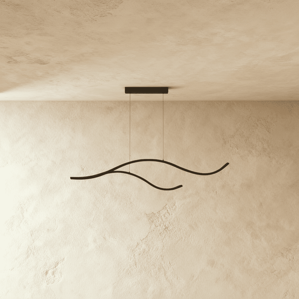 Clérachic black two-arc wavy LED pendant shown switched off, a pair of slim aluminium curves hung from a small black canopy.