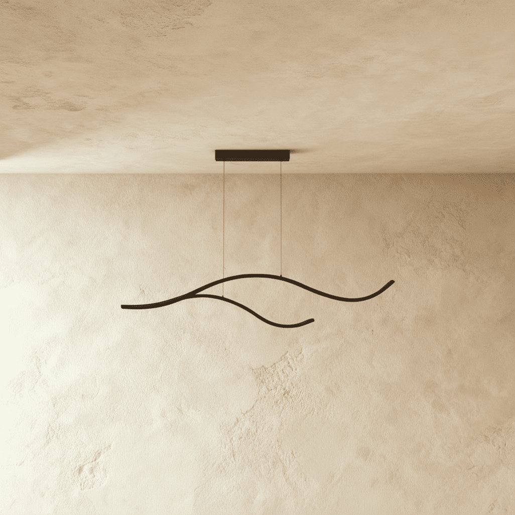 Clérachic black two-arc wavy LED pendant shown switched off, a pair of slim aluminium curves hung from a small black canopy.