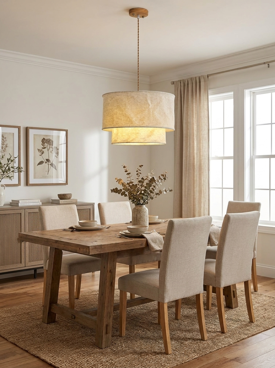 Above a wood dining table with cream upholstered chairs, this Clérachic pendant lights a jute-rugged room.