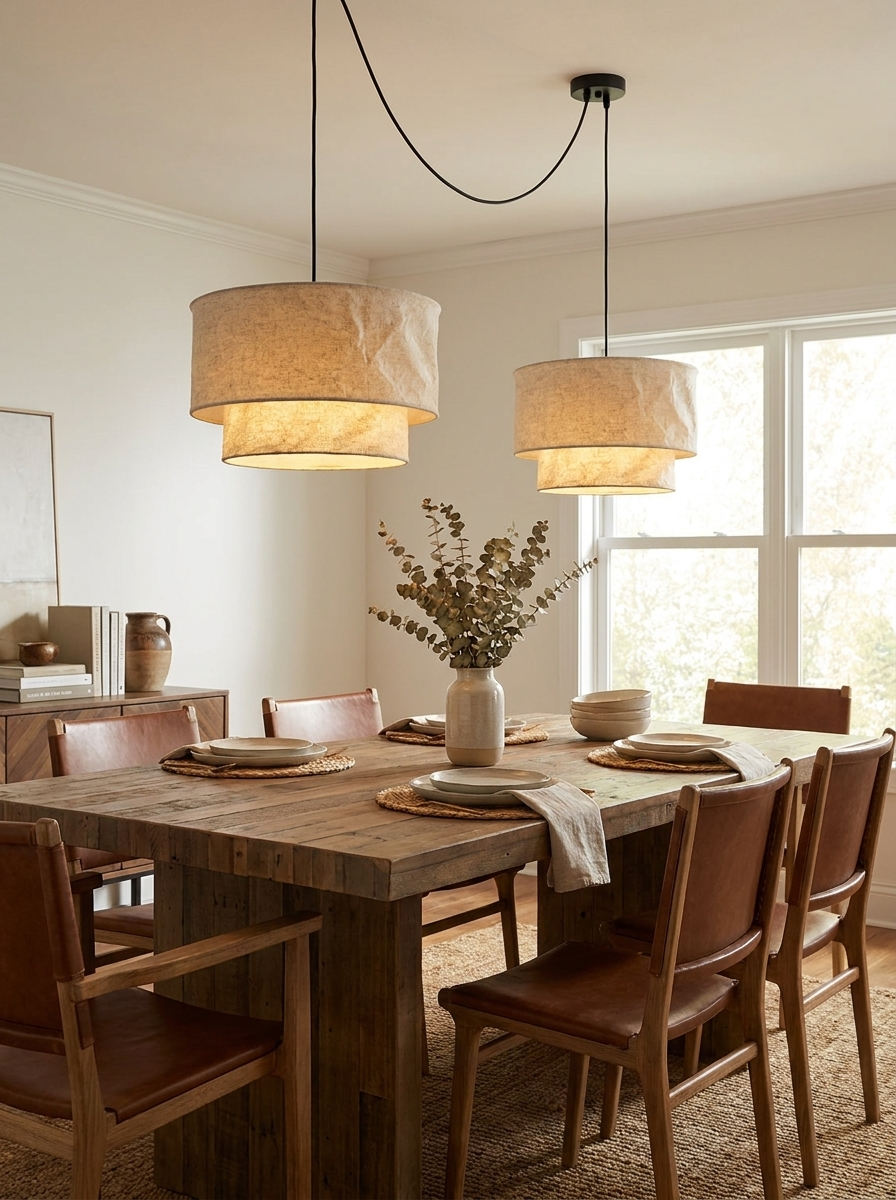 Two tiers of this Clérachic pendant hang at staggered heights above a reclaimed-wood table with leather chairs.