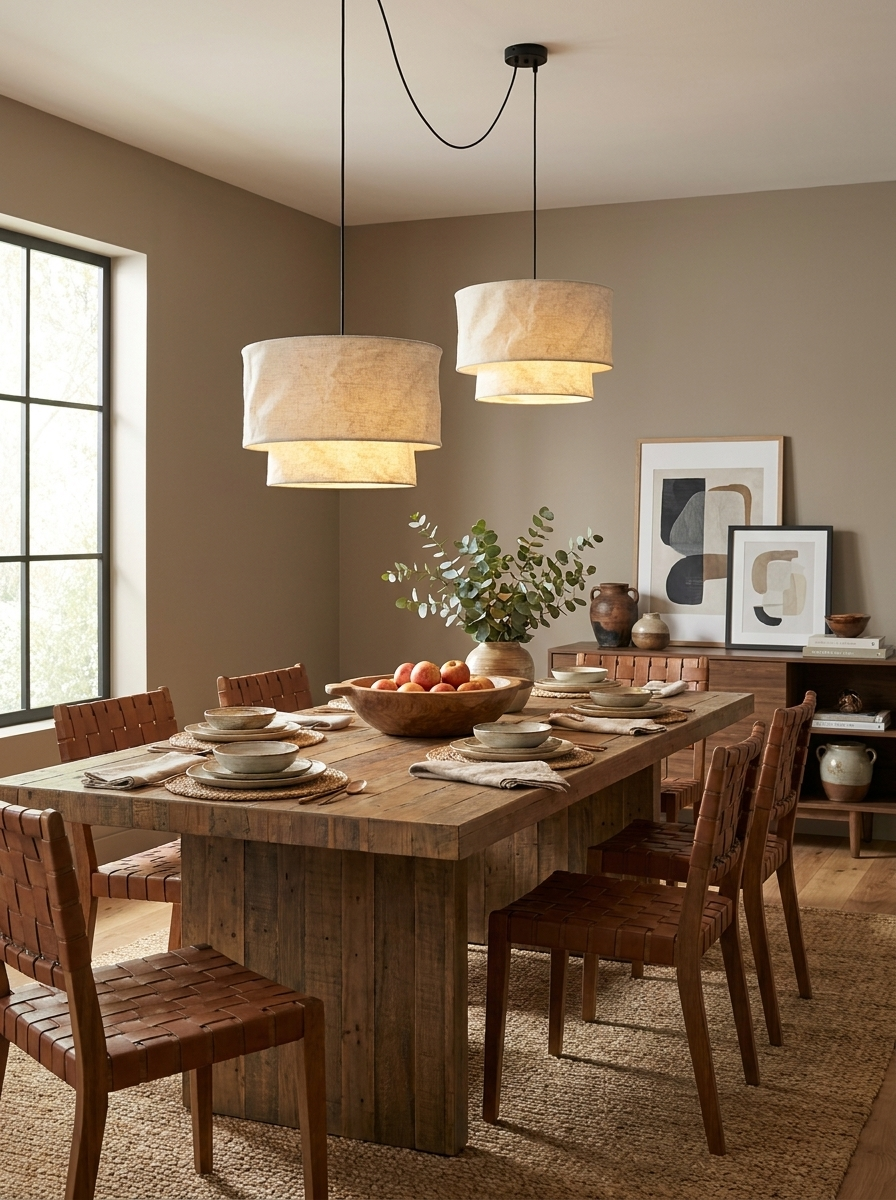 As a staggered cascade, this Clérachic pendant lights a dining table styled with a fruit bowl and sideboard.