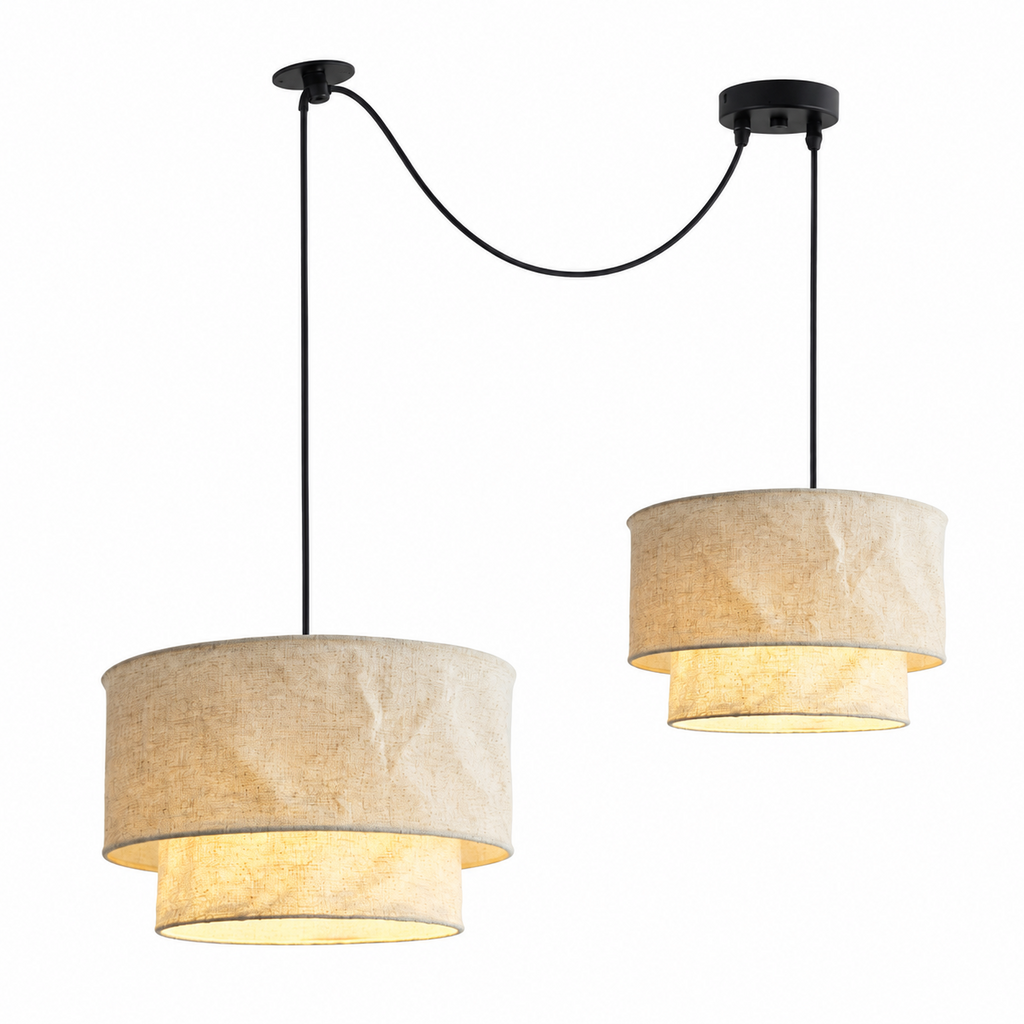 Two of this Clérachic pendant hang from wandering black cords at different heights, on a plain white backdrop.