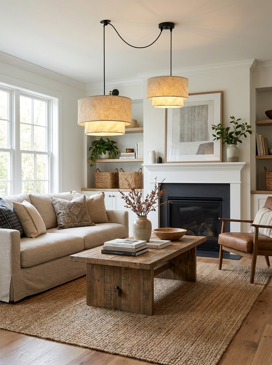 In a living room with a linen sofa and fireplace, this Clérachic pendant hangs as a cascade pair above a coffee table.