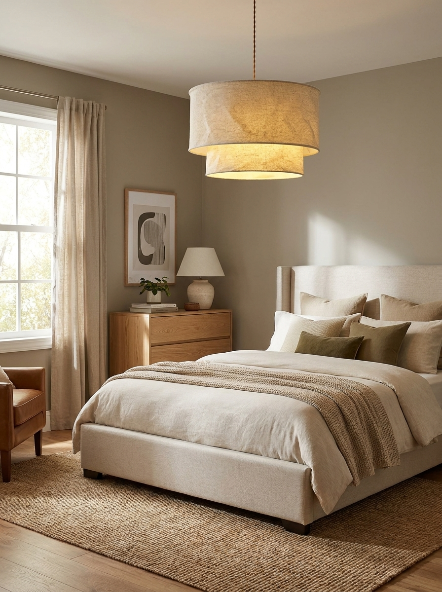 This Clérachic pendant lights a bedroom with an upholstered bed, a leather armchair, and a wood dresser.