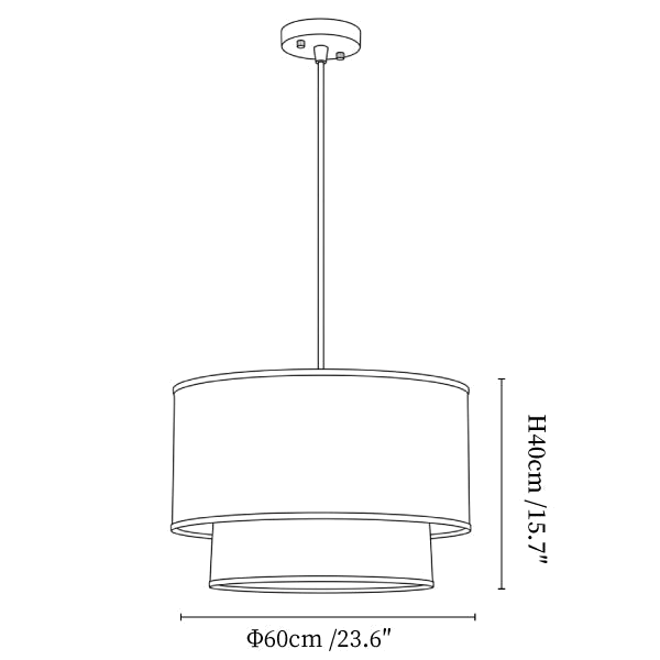 Clérachic pendant light dimension drawing, every measurement marked in centimetres and inches.