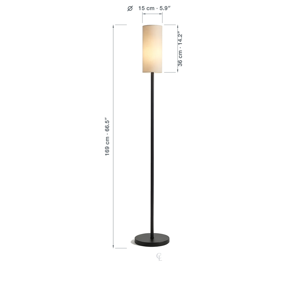 Size guide for the Clérachic slim linen floor lamp — 169 cm (66.5″) tall, with a linen shade Dia. 15 cm (5.9″) across and 36 cm (14.2″) high