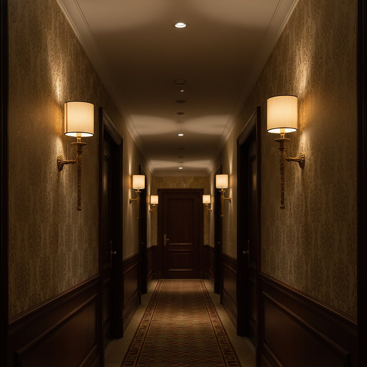 Clérachic wall lights line both sides of a long, dim hallway with patterned walls, their shades glowing warm.