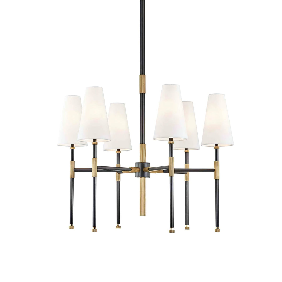 Front view of this Clérachic chandelier in black and brass, six tapered white linen shades on slim arms around a central rod.