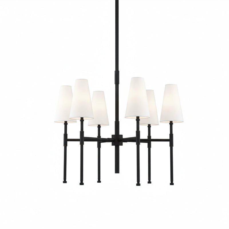 All-black version of this Clérachic six-light chandelier, its slim black arms holding six white linen shades on a plain white backdrop.