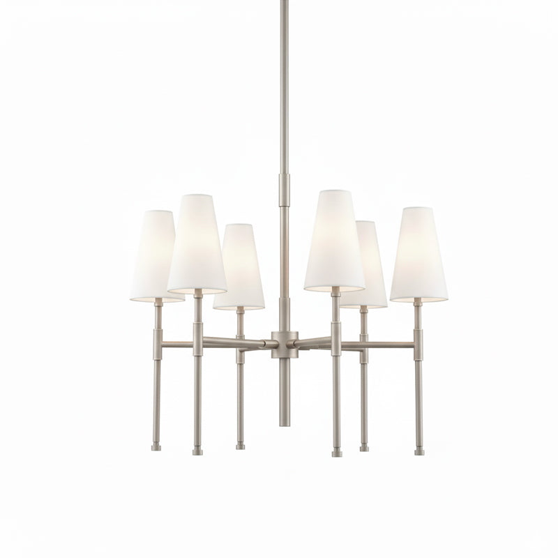 Nickel version of this Clérachic six-light chandelier, with six white linen shades on slim satin-nickel arms and a tall central rod.