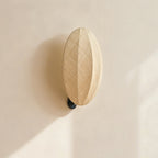 Seen from below on a sunlit wall, this Clérachic wall light shows its tall oval linen shade and small black mounting arm.