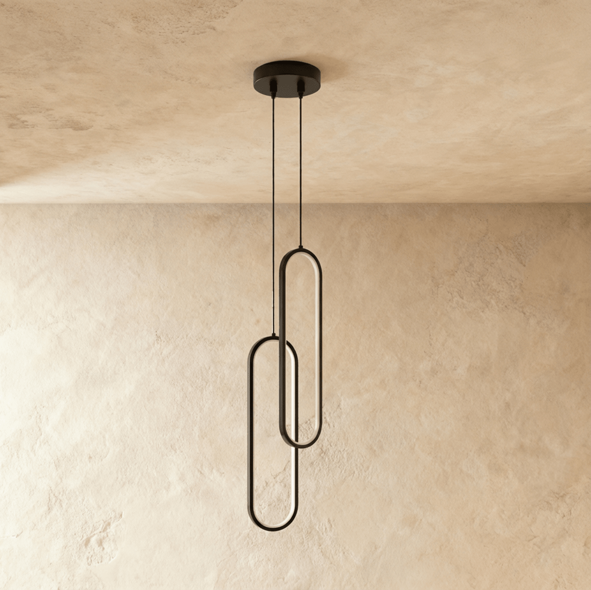 Clérachic double black oval loop pendant with two overlapping rings, unlit, on cords from a round black canopy.