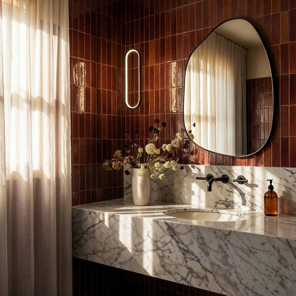 Clérachic black oval LED loop pendant glowing beside a rust tiled wall, a marble basin, a mirror and sheer curtain.