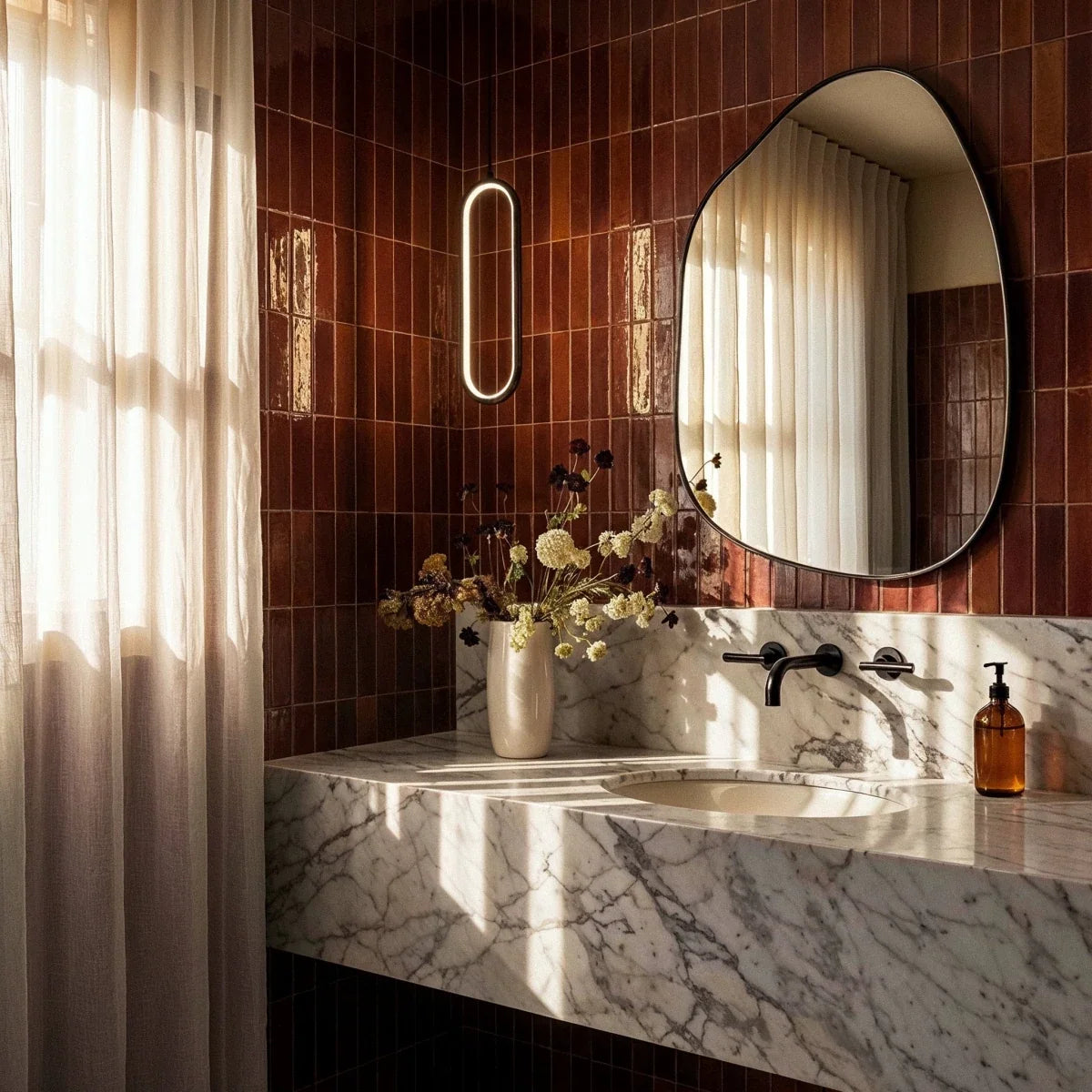 Clérachic black oval LED loop pendant glowing beside a rust tiled wall, a marble basin, a mirror and sheer curtain.