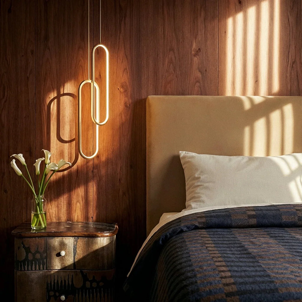 Clérachic double gold oval loop pendant glowing over a bedside in a walnut-panelled bedroom with a cream headboard.
