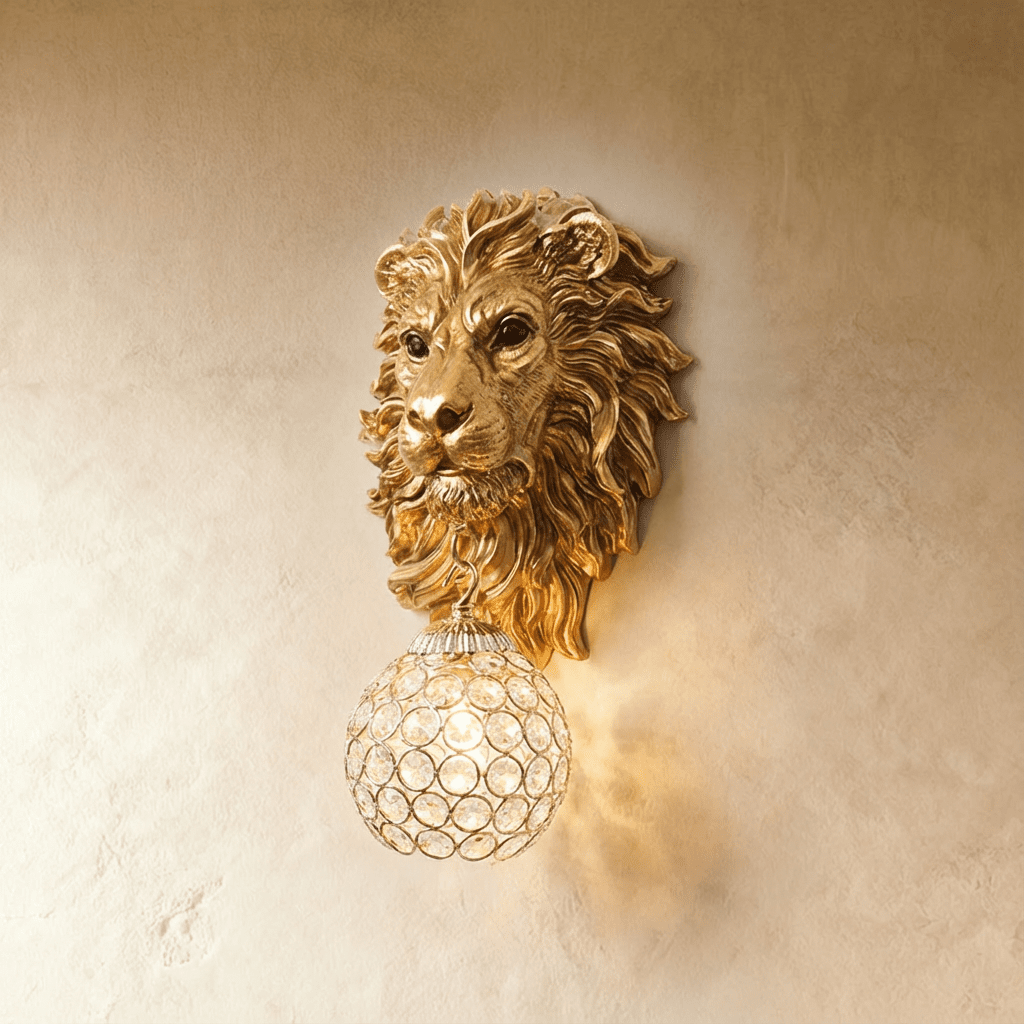 Clérachic gold lion head wall light hung with a round faceted crystal globe, glowing softly on a limewashed wall.