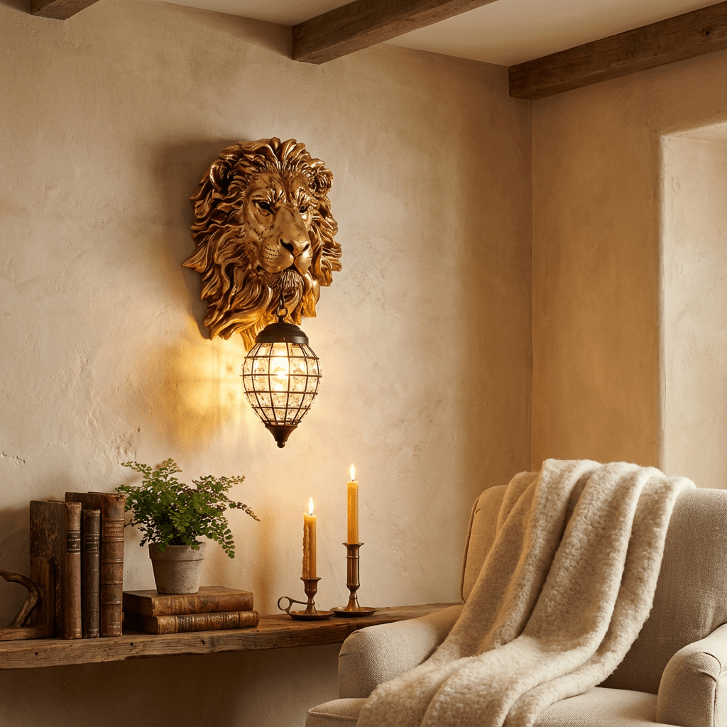 Clérachic gold lion head wall light with crystal lantern above a rustic shelf with books and candles beside an armchair.