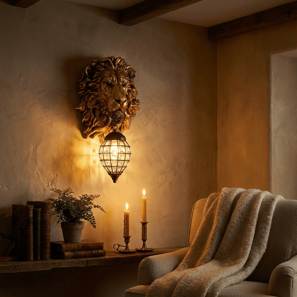 Clérachic gold lion head wall light with crystal lantern at dusk, warm light over a shelf of books, candles and a wool throw.