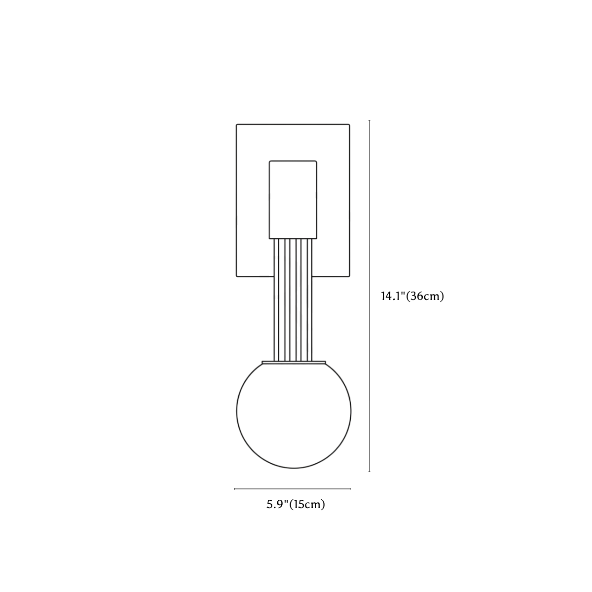 Clérachic wall light dimension drawing, every measurement marked in centimetres and inches.