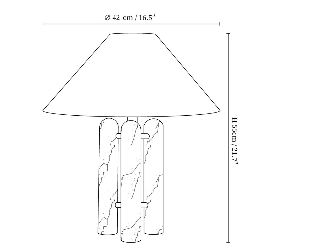 Dimension drawing of the lloyd table lamp, in outline against white.