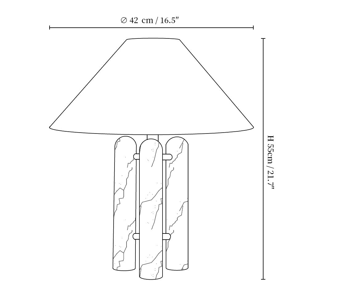 Dimension drawing of the lloyd table lamp, in outline against white.