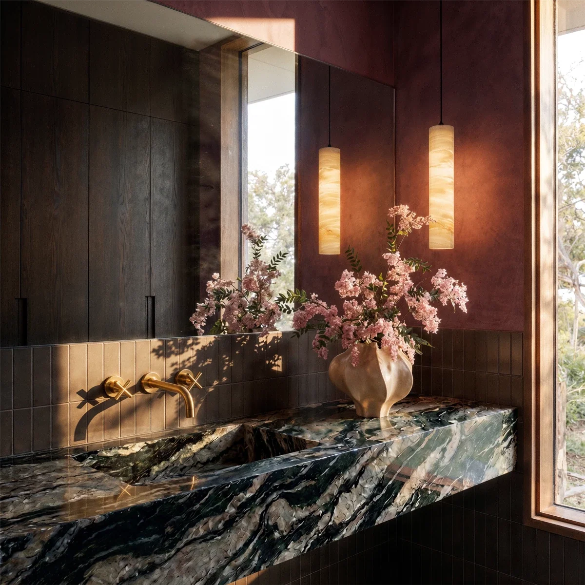 Two lit Clérachic alabaster cylinder pendants hung beside a mirror above a dark stone basin and brass taps.