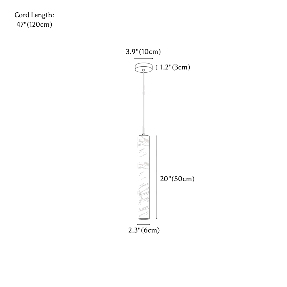 Clérachic pendant light dimension drawing, 50 cm, every measurement marked in centimetres and inches.