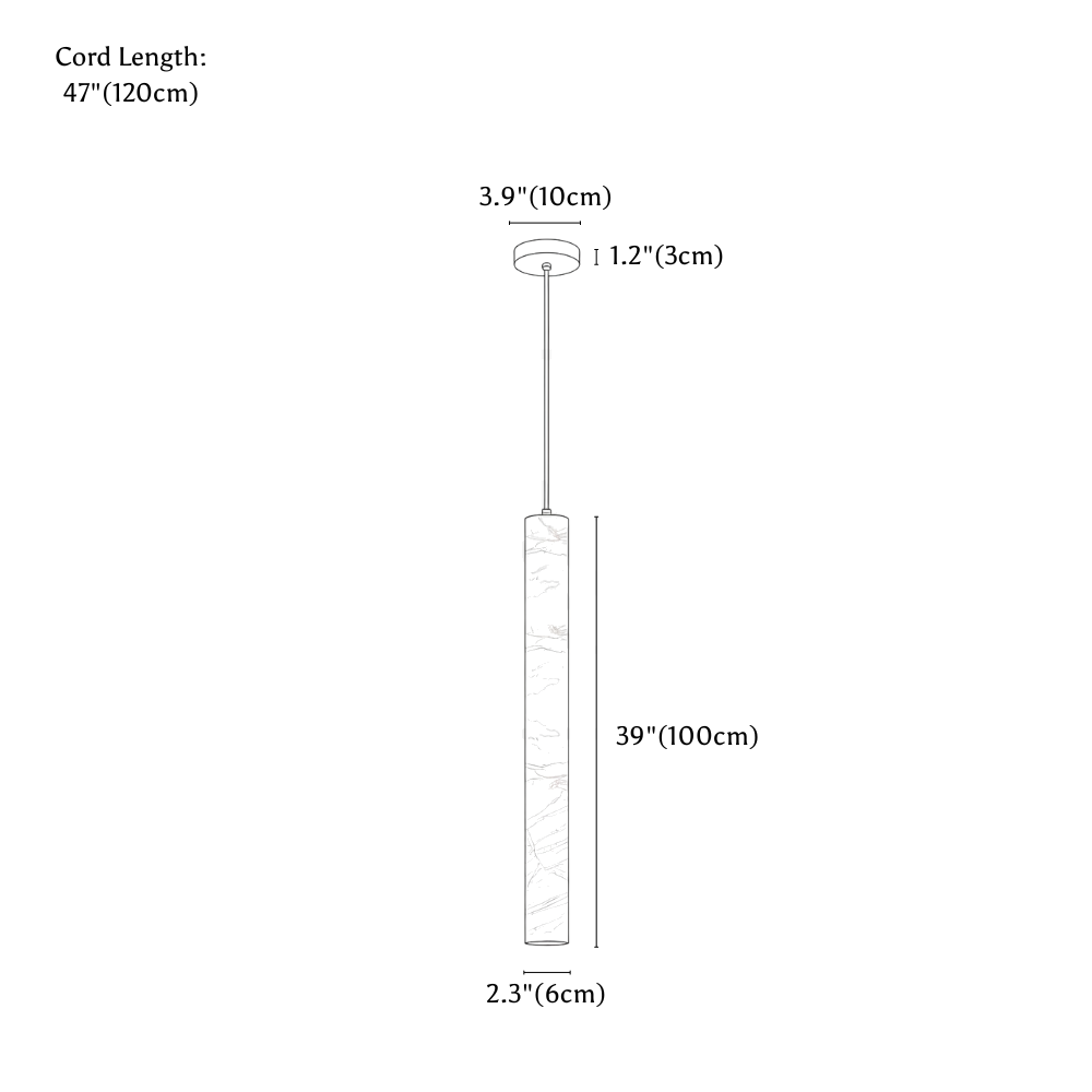 Clérachic pendant light dimension drawing, 100 cm, every measurement marked in centimetres and inches.