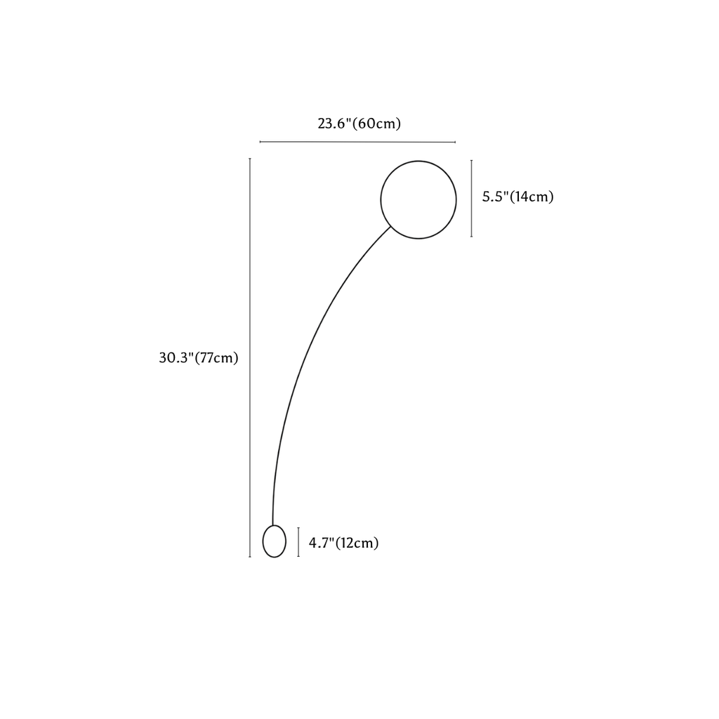 Clérachic wall light dimension drawing, 1 of 2, every measurement marked in centimetres and inches.