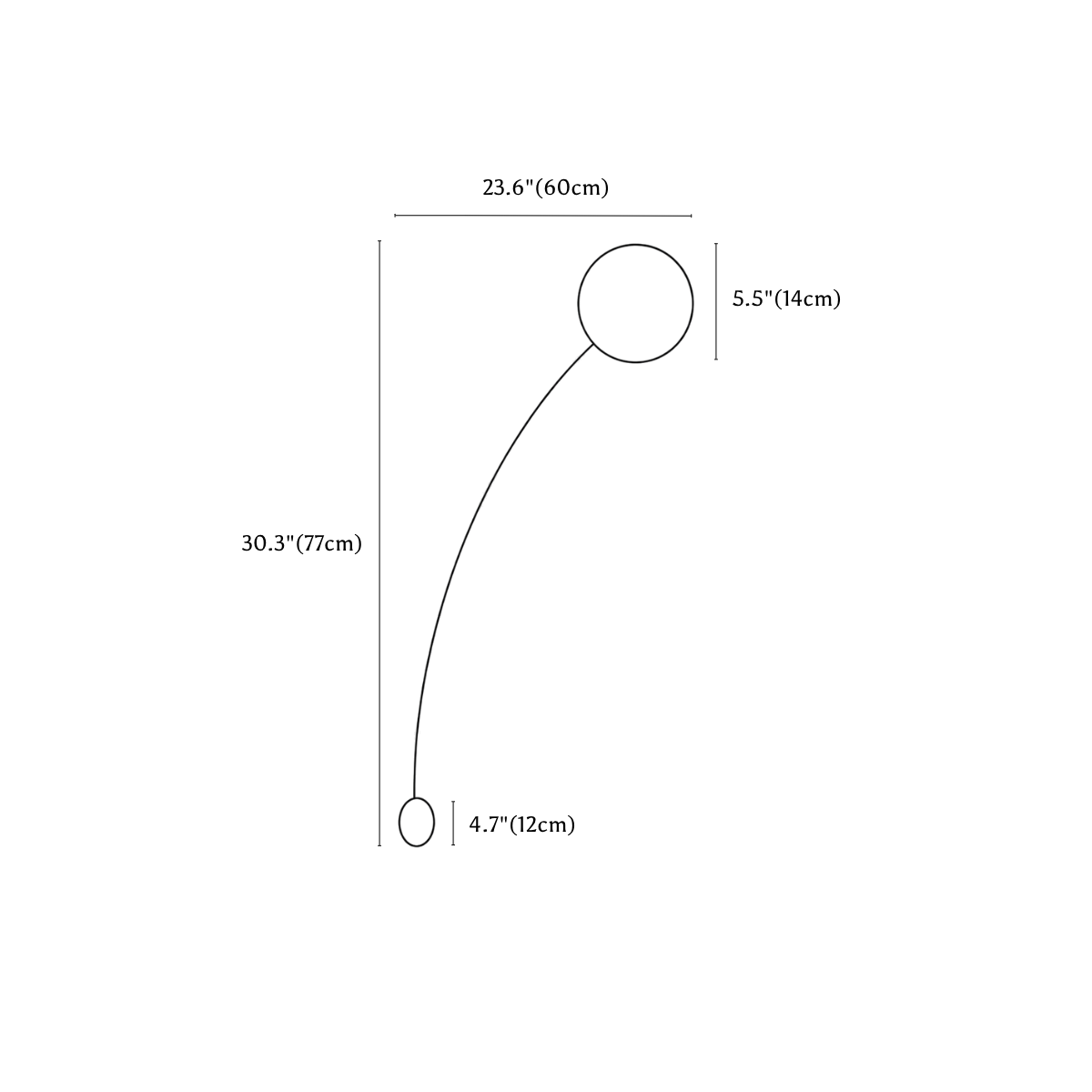 Clérachic wall light dimension drawing, 1 of 2, every measurement marked in centimetres and inches.