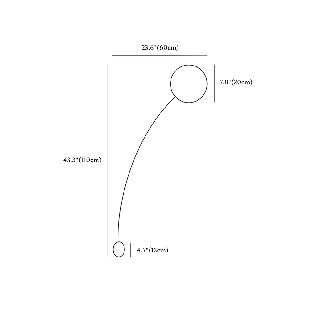 Clérachic wall light dimension drawing, 2, every measurement marked in centimetres and inches.