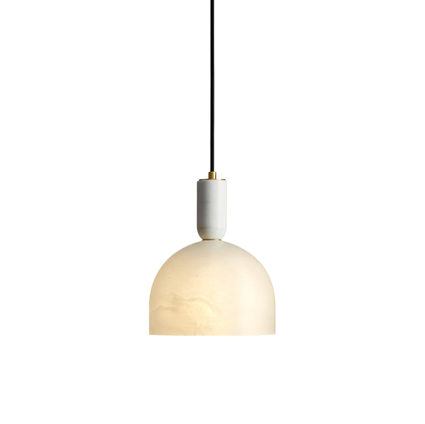 The Clérachic Long-Drop Dome pendant light on white, an alabaster dome under a stone stem capped with brushed brass discs.