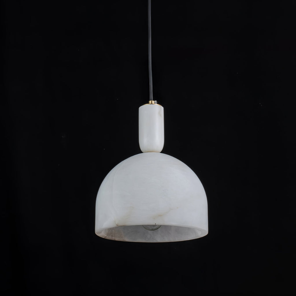 Unlit Clérachic Long-Drop Dome pendant light on black, the chalky alabaster shade cool and faintly grey-veined.