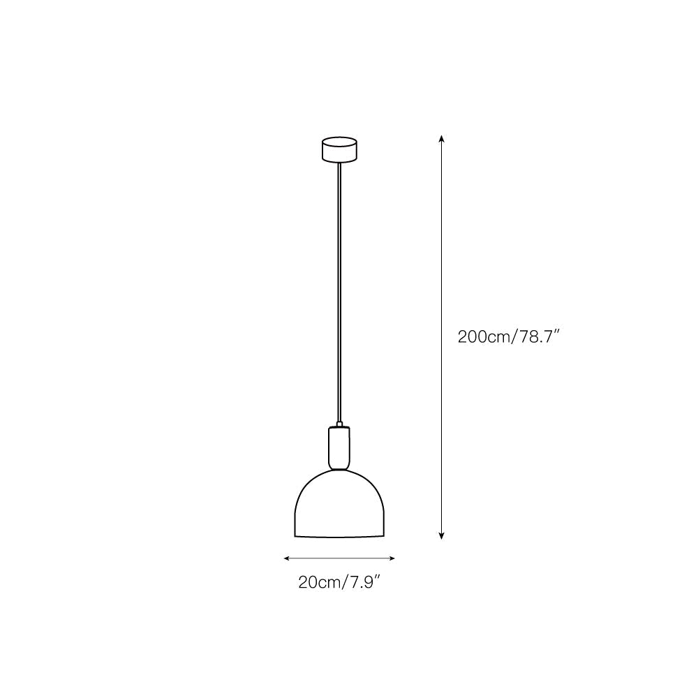 Dimension drawing for the Clérachic Long-Drop Dome pendant light, 20cm/7.9″ wide with a 200cm/78.7″ drop.