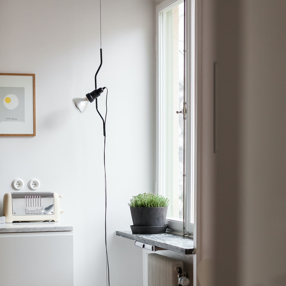 A Clérachic black pendant spotlight hanging on a thin cable beside a bright window, with a potted herb and a small toaster below.