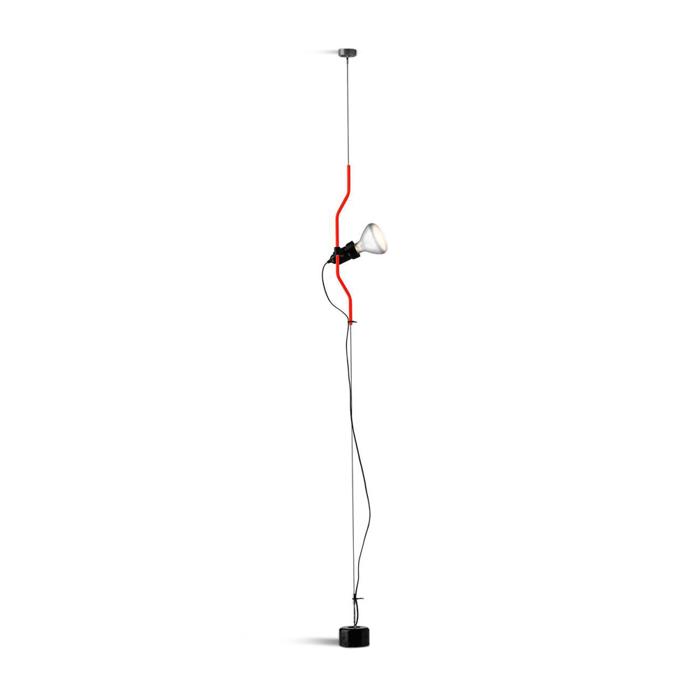 Clérachic pendant light with a red bendable cord section and a black spotlight head on a thin ceiling cable, on white.
