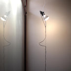 Two lit Clérachic pendant spotlights on thin cables, one in front of a wall and one beside a doorway, with long loops of cord.