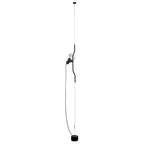 A Clérachic pendant with a black bendable cord and a white bulb, running from a ceiling point down to a black base, on white.