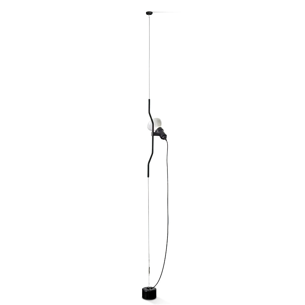 Clérachic black pendant spotlight with a white bulb on a thin ceiling cable and a long looped lead down to its base, on white.