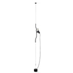 Clérachic black pendant spotlight with a white bulb on a thin ceiling cable and a long looped lead down to its base, on white.