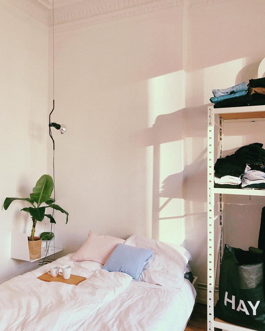 A Clérachic pendant with a black bendable cord and a small spotlight in a pink-toned room, above a bed and a banana plant.