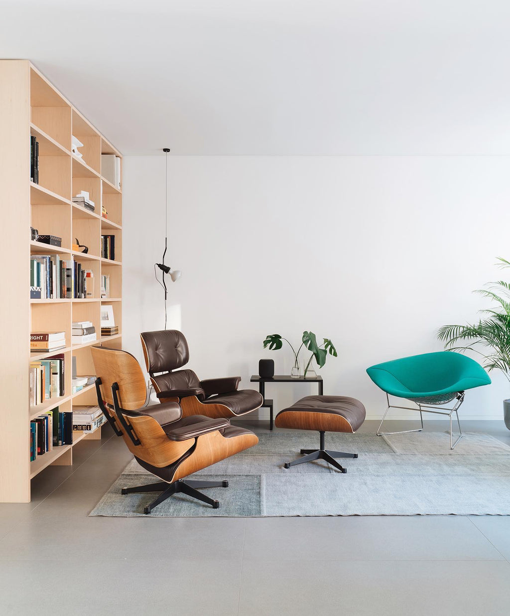A Clérachic pendant hanging in a white room with a tall wooden bookcase, two leather lounge chairs and a teal armchair.