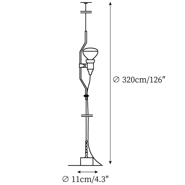 Clérachic pendant light dimension drawing, every measurement marked in centimetres and inches.