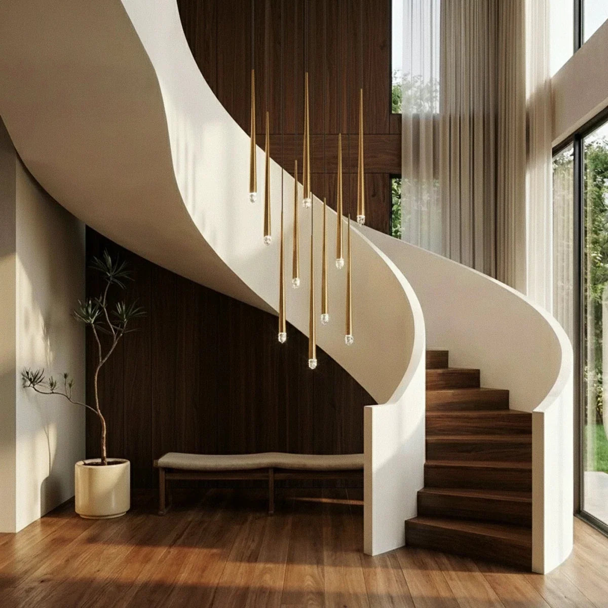 Clérachic gold cone pendants with crystal tips cascading at varied heights beside a curving white staircase with walnut steps.