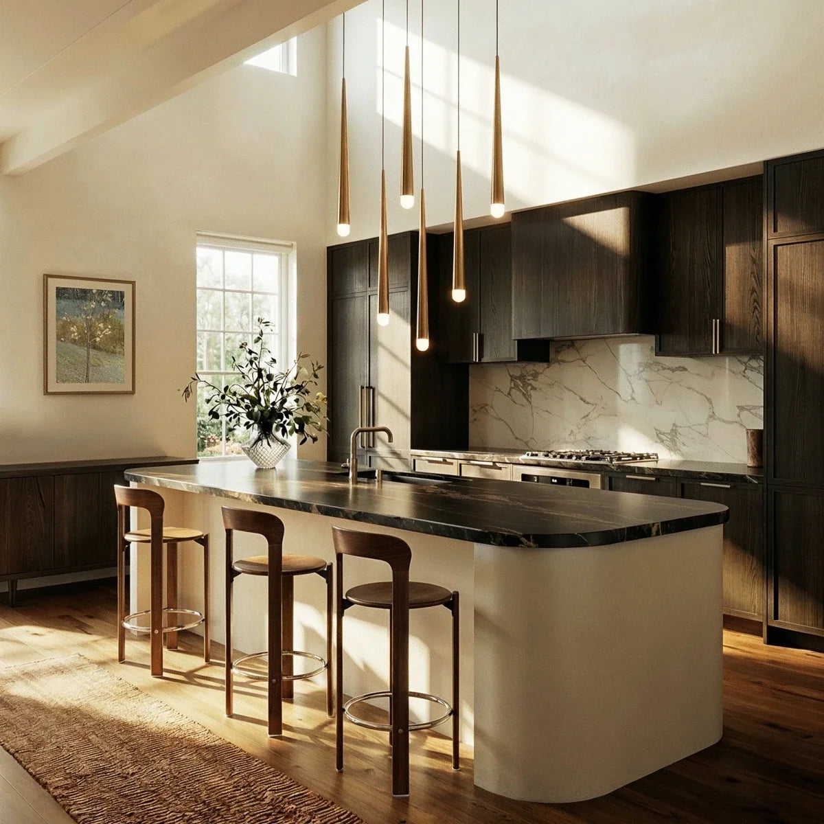 Clérachic six gold cone pendants with glowing crystal tips hung at staggered heights above a dark-topped kitchen island.