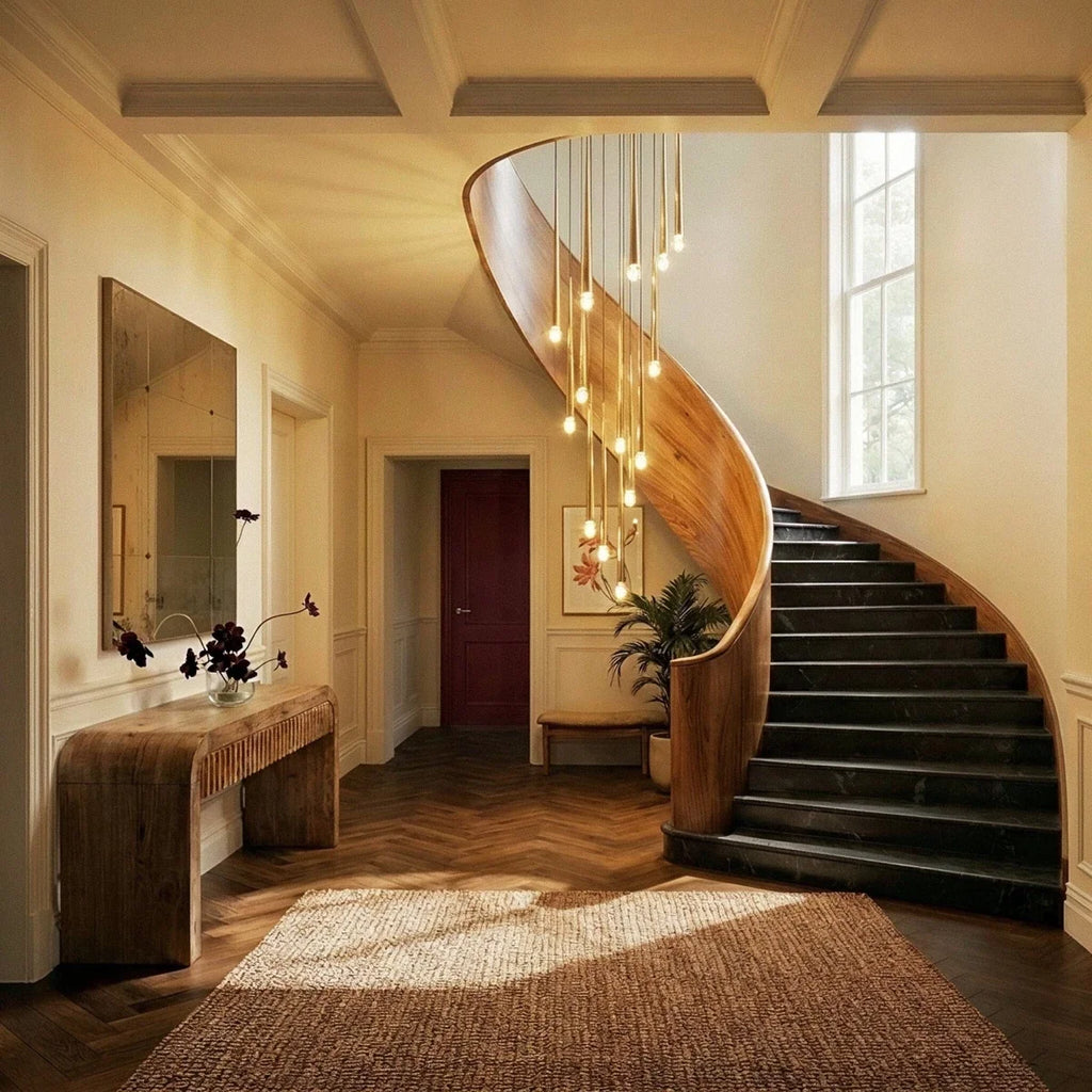 Clérachic cascade of gold cone pendants with glowing crystal tips hanging inside a curved walnut staircase in a warm panelled hall.