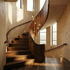 Clérachic long gold cone pendants with crystal tips dropping through a curved walnut stairwell with tall windows and warm plaster walls.