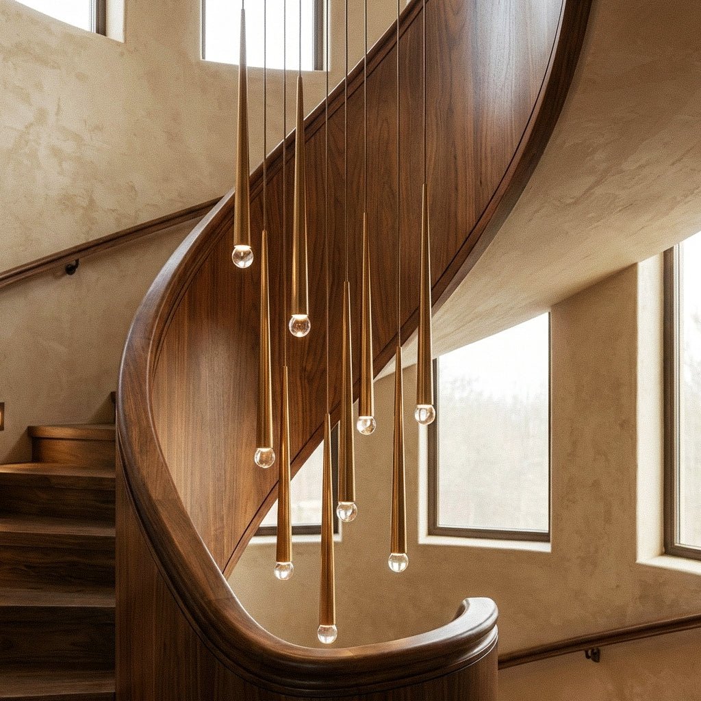 Clérachic slender gold cone pendants with round crystal tips hanging at varied heights beside a curved walnut stair balustrade.