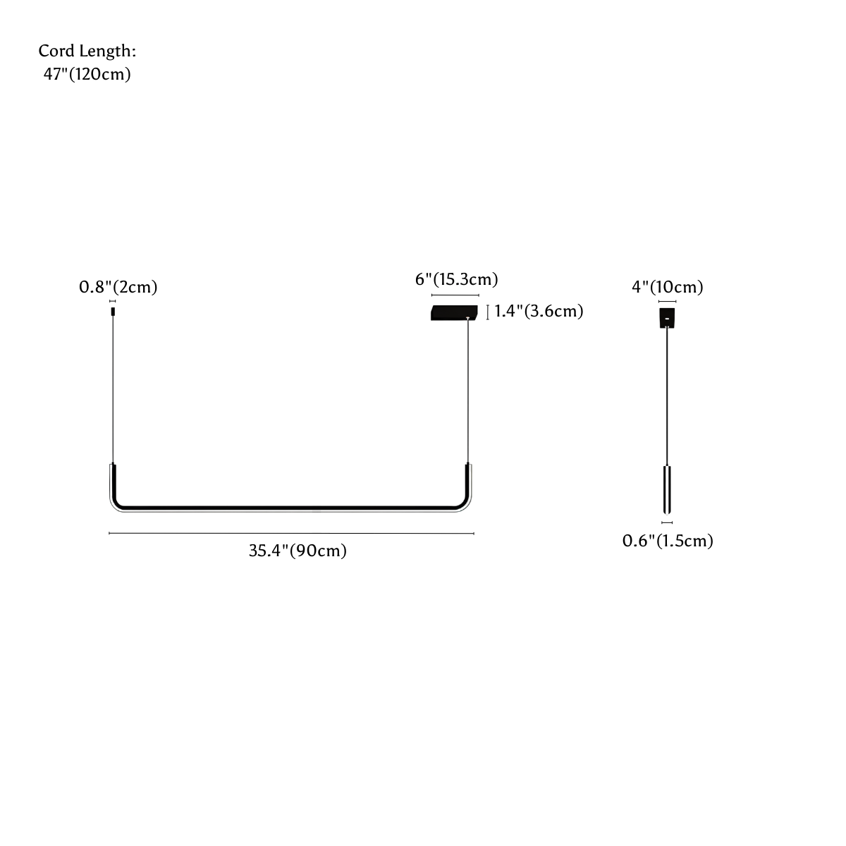 Clérachic chandelier dimension drawing, Single, every measurement marked in centimetres and inches.